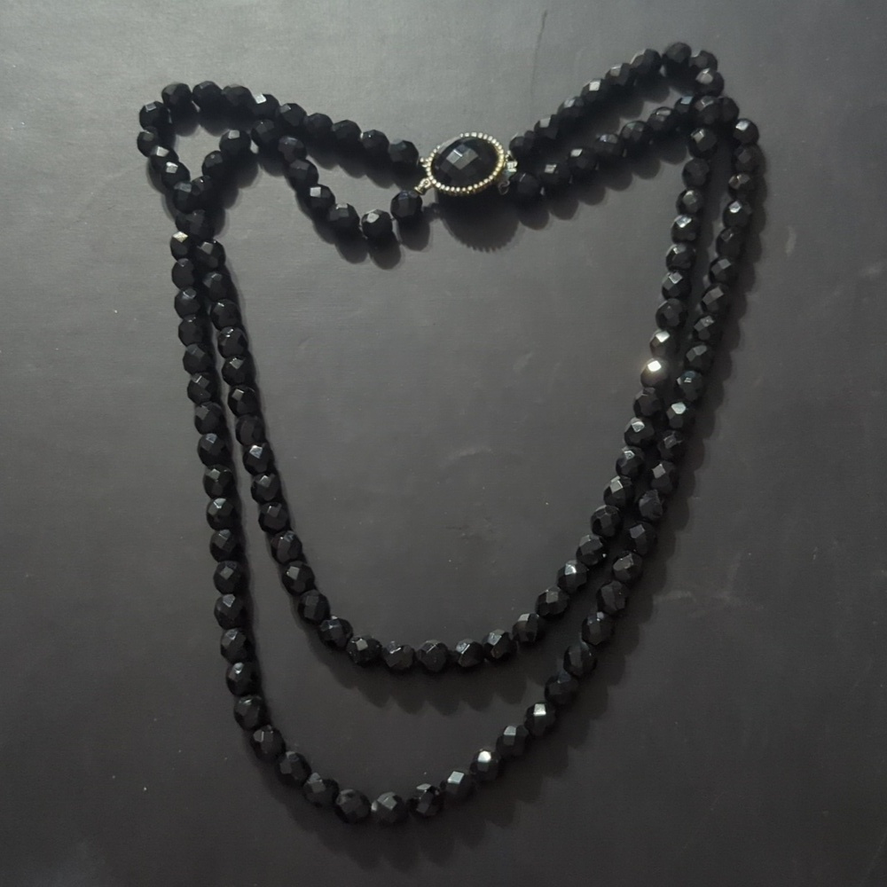 Vintage Silver Tone Black Glass Beaded Layered Statement Necklace